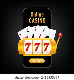 Online casino on mobile. Internet gambling concept. Slot machine casino element with winning combination and cards. Vector illustration