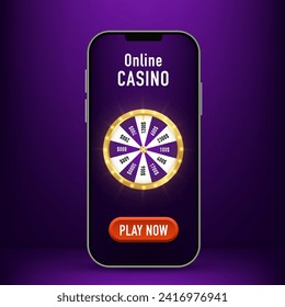 Online casino on the phone screen. Online casino, red button with smartphone, slot machine, Casino Roulette. Marketing Luxury Banner Jackpot. Vector illustration