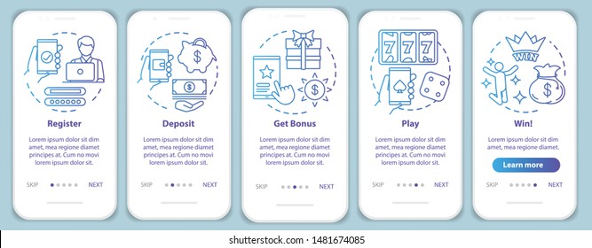 Online casino onboarding mobile app page screen with linear concepts. Register, deposit, get bonus, play and win. Walkthrough steps graphic instructions. UX, UI, GUI vector template with illustrations