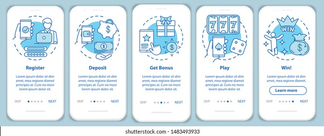 Online casino onboarding mobile app page screen with linear concepts. Register, deposit, get bonus, play and win. Walkthrough steps graphic instructions. UX, UI, GUI vector template with illustrations