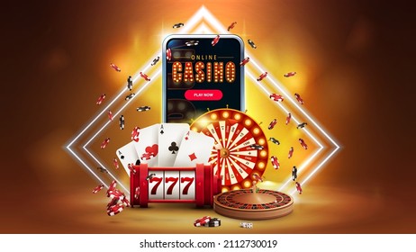 Online casino, orange banner with smartphone, casino slot machine, Roulette, playing cards, poker chips, Casino Wheel Fortune and neon rhombus frames on background, 3d realistic vector illustration.