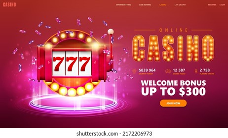 Online casino, pink banner for website with button and red slot machine with ships around