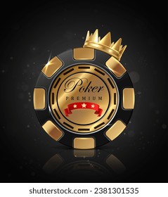 Online casino poker chip banner on black background with gold crown. 3d realisitc vector icon illustration. 