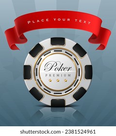 Online casino poker chip banner with red ribbon. 3d realisitc vector icon illustration. 