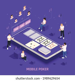 Online casino poker social cash games on mobile device virtual players cards purple background isometric vector illustration
