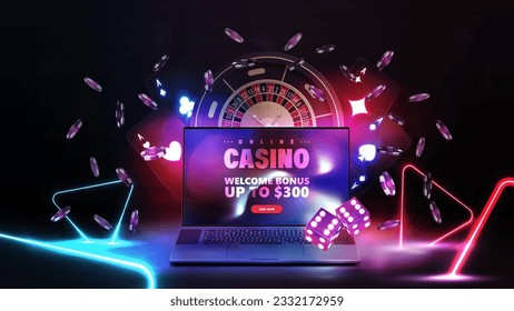 Online casino, poster with laptop, casino Roulette wheel, black playing cards with glowing neon lights, dice, poker chips and neon triangles around.