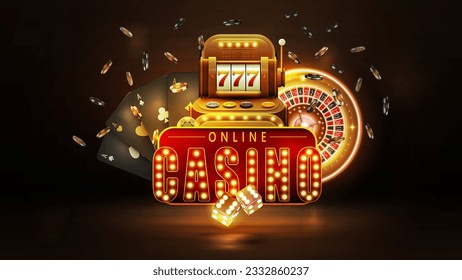 Online-Casino, Poster mit rotem Retro-Schild, Goldcasino-Spielautomat, schwarze Spielkarten, Neon-Gold-Roulette, Würfel und Chips