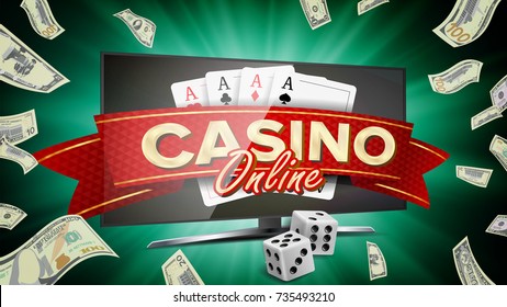 Online Casino Poster Vector. Modern Computer Monitor Concept. Jackpot Billboard, Marketing Luxury Illustration.
