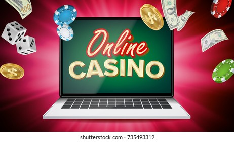 Online Casino Poster Vector. Modern Laptop Concept. Signage, Marketing Luxury Banner, Poster Illustration.
