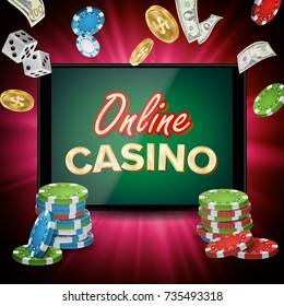 Online Casino Poster Vector. Modern Mobile Tablet Concept. Jackpot Advertising Concept Illustration.
