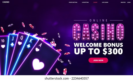 Online casino, purple banner design for website with offer, neon casino playing cards and poker chips on blurred background