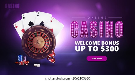 Online casino, purple banner with offer, button, symbol with lamp bulbs, Casino Roulette, poker chips and playing cards.
