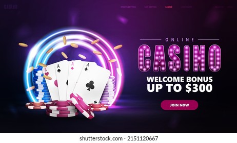 Online casino, purple banner with offer, with playing cards and falling chips in tunnel of neon pink and blue round frames in dark scene