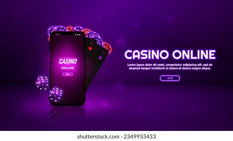 Online casino purple banner with smartphone, poker chips and playing cards. Vector illustration