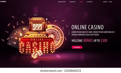 Casino en línea, banner morado para sitio web con elementos de interfaz, máquina tragaperras de casino dorado, cartas de juego negras, ruleta de oro de neón, dados y chips de póker