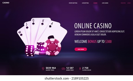 Online casino, purple invitation banner for website with welcome bonus, button, casino playing cards, dice and poker chips