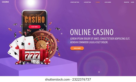 Online casino, purple web banner with square podium with smartphone, casino slot machine, roulette wheel, poker chips and playing cards