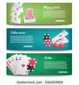 Online Casino Real Money Poker Game 3 Realistic Horizontal Banners With Playing Cards Chips Isolated Vector Illustration 