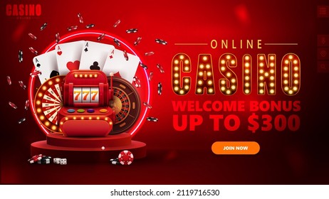 Online casino, red banner with button, red podium with slot machine, Casino Wheel Fortune, Roulette, poker chips, playing cards and neon ring on background