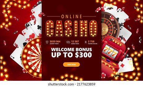 Online casino, red banner with button, slot machine, Casino Wheel Fortune, Roulette, falling poker chips, garland frame and playing cards.