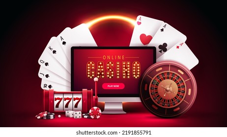 Online casino, red banner with monitor, slot machine, Casino Roulette, poker chips and playing cards in red scene with orange neon ring on background.