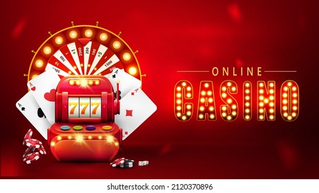 Online casino, red banner with red slot machine, playing cards, poker chips and Casino Wheel Fortune