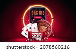 Online casino, red banner with smartphone, slot machine, Casino Roulette, poker chips and playing cards in red scene with orange neon ring on background.