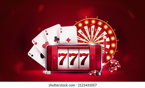 Online casino, red banner with smartphone with slot machine on screen, Casino Wheel Fortune, poker chips and playing cards.