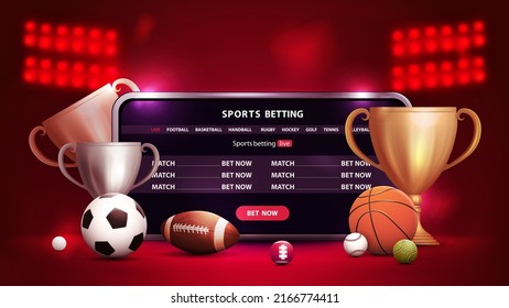 Online casino  red banner and smartphone  champion cups   sport balls in red scene