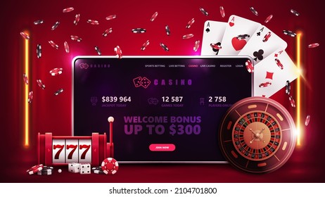 Online casino, red banner with tablet, slot machine, Casino Roulette, poker chips and playing cards in red scene with orange vertical lamps