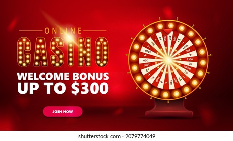 Online casino, red invitation banner for website with button and red Casino Wheel Fortune