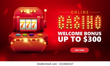 Online casino, red invitation banner for website with button and red volumetric slot machine with jackpot in cartoon style
