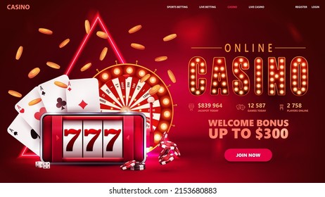 Online casino, red invitation banner for website with button, smartphone with slot machine on screen, Casino Wheel Fortune, poker chips and playing cards.