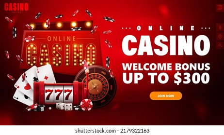 Online casino, red invitation banner for website with retro signboard, slot machine, Casino Roulette, poker chips and playing cards