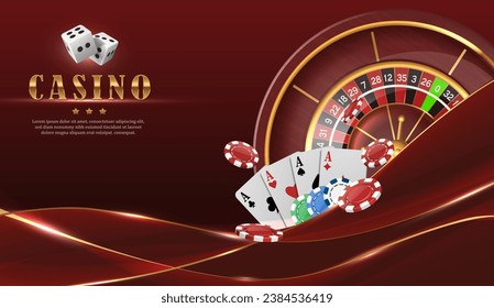 Online casino red luxury background with roulette wheel, flying cards and poker chips.