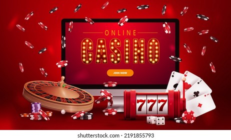 Online casino, red poster with monitor with slot machine, Casino Roulette, poker chips and playing cards.