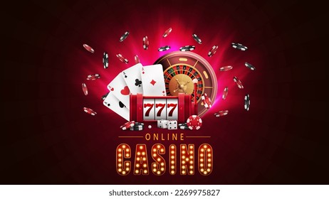 Online casino, red poster with spotlights, slot machine with jackpot, casino roulette wheel, poker chips and playing cards