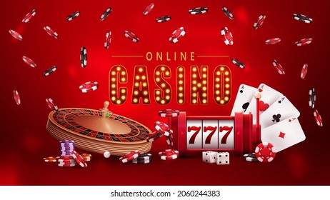 Online casino, red poster with symbol with gold lamp bulbs, slot machine, Casino Roulette, poker chips and playing cards.