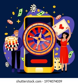 Online casino roulette and gambling games concept. Cheerful couple with poker chips and cards. Vector flat cartoon characters illustration. Man and woman playing casino games app