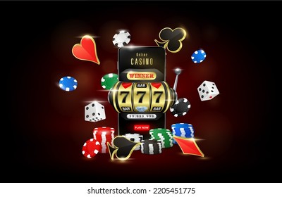 Online casino. Slot machine in smartphone, roulette, poker chips and playing cards flying. On black background. Gambling on mobile concept. 3D realistic vector illustration.