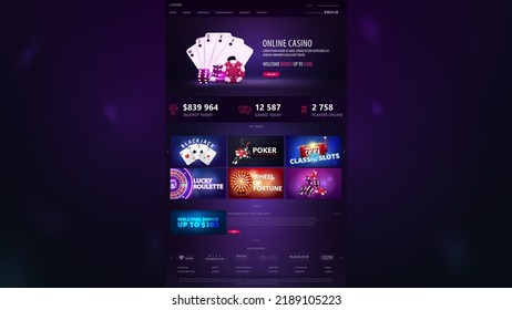 Online casino, template of website of casino with web banners and casino elements. Purple design of website