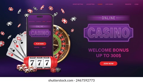 Das Online-Casino-Thema mit einem mobilen Gerät, Roulette-Rad, Poker-Chips und Spielkarten auf einem dunklen Hintergrund, die einen Willkommensbonus hervorheben
