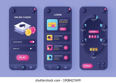 Online Casino unique neomorphic design kit. Gambling games online platform, virtual poker game table with players. Games of fortune UI UX templates set. Vector illustration of GUI for mobile app.