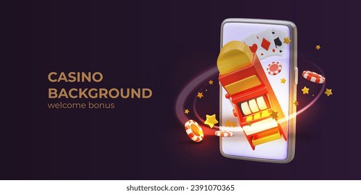 Online casino vector background. Welcome bonus for beginners. Phone, slot machine, chips, cards. Effect of golden glow, movement, rotation. Real game ads