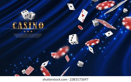 Online casino vector banner. On velvet blue background. with playing cards, chips and dice.