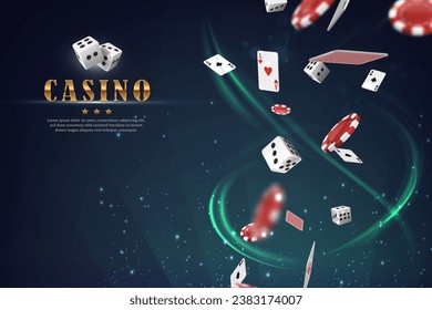 Online casino vector banner. On sci-fi green glowing background. with playing cards, chips and dice.