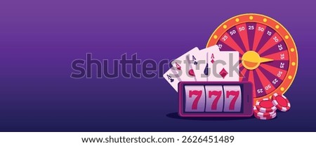 Online casino. Vector horizontal banner with space for text on the topic of casino, gambling. Smartphone with jackpot 777, cards, chips, wheel of fortune. Luck, winning in a modern bright design