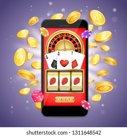 Online casino vector poster banner design template. Smartphone, roulette wheel, playing cards, slot game, poker chips, dice, golden dollar coins. Mobile slots and casino games.