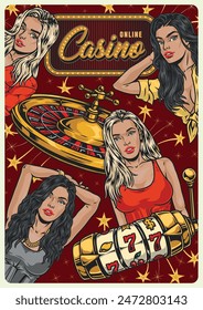 Online casino vintage flyer colorful with beauties inviting you to download application for gambling and playing roulette vector illustration