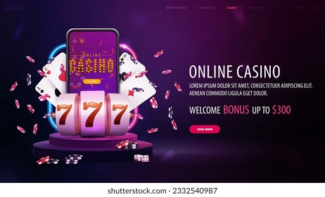 Casino en línea, banner web violeta con oferta, podio con marco de neón, smartphone, máquina tragaperras y cartas de juego